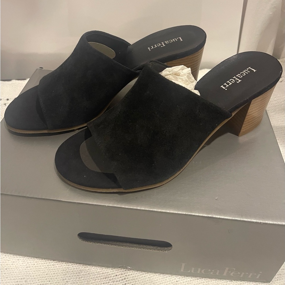 Luca Ferri Black Suede Mules with Wooden Heel 39
